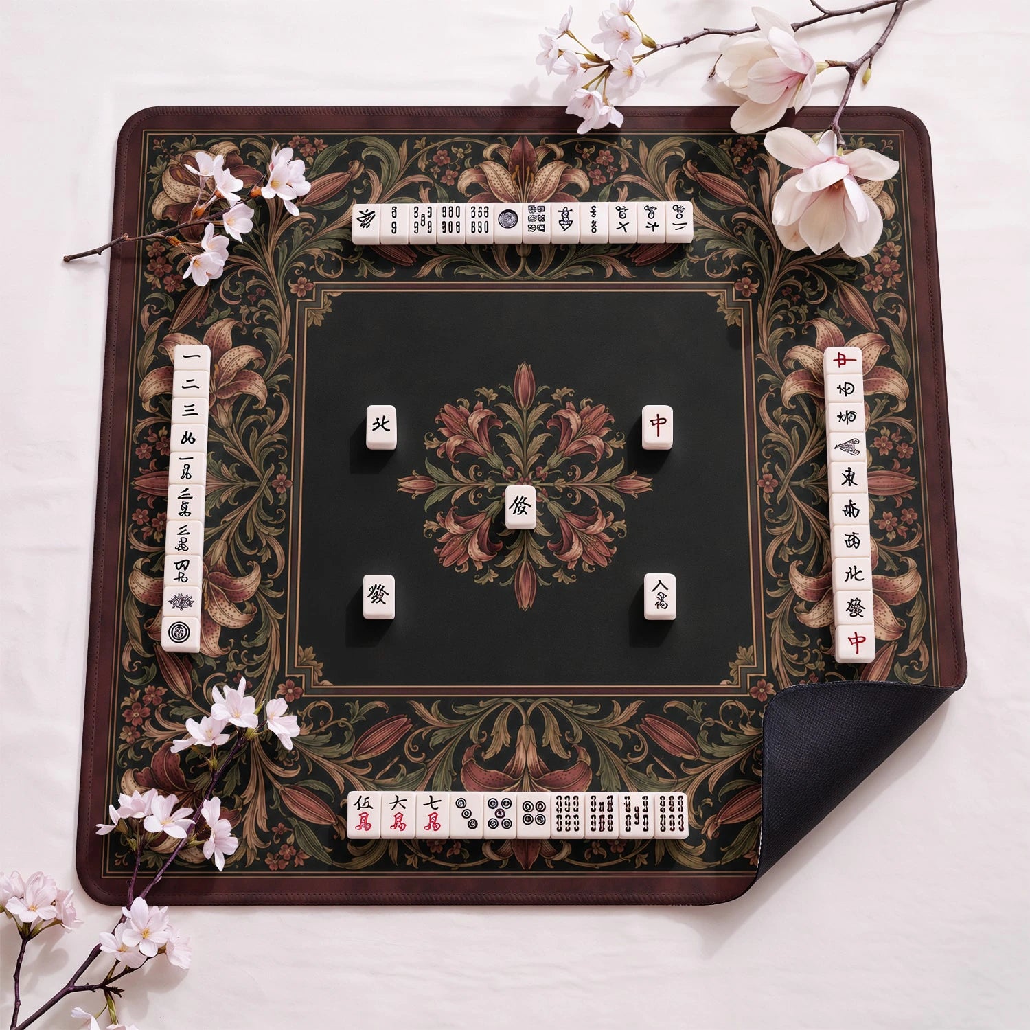 Burgundy Lily Noir Mahjong Mat - Mah Jongg Mat