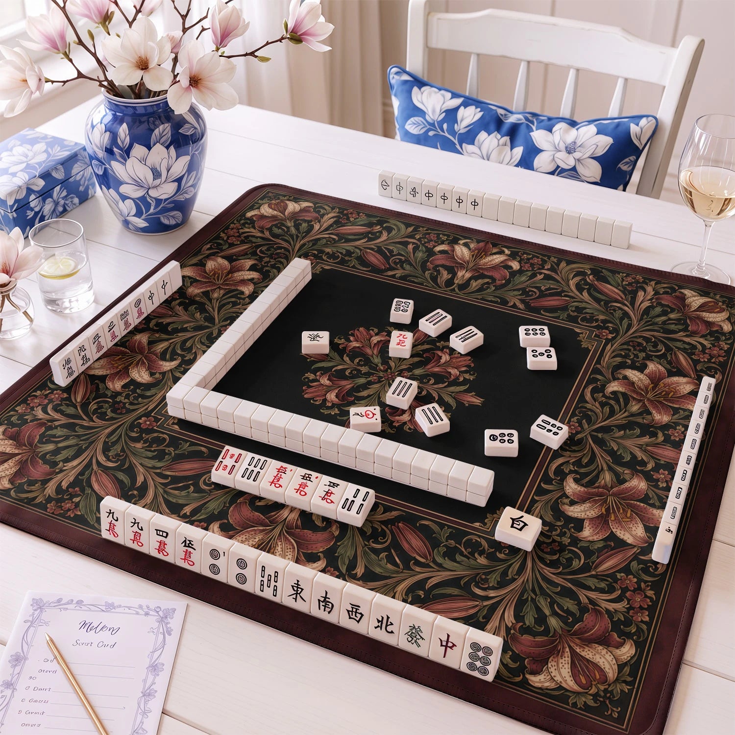 Burgundy Lily Noir Mahjong Mat - Mah Jongg Mat