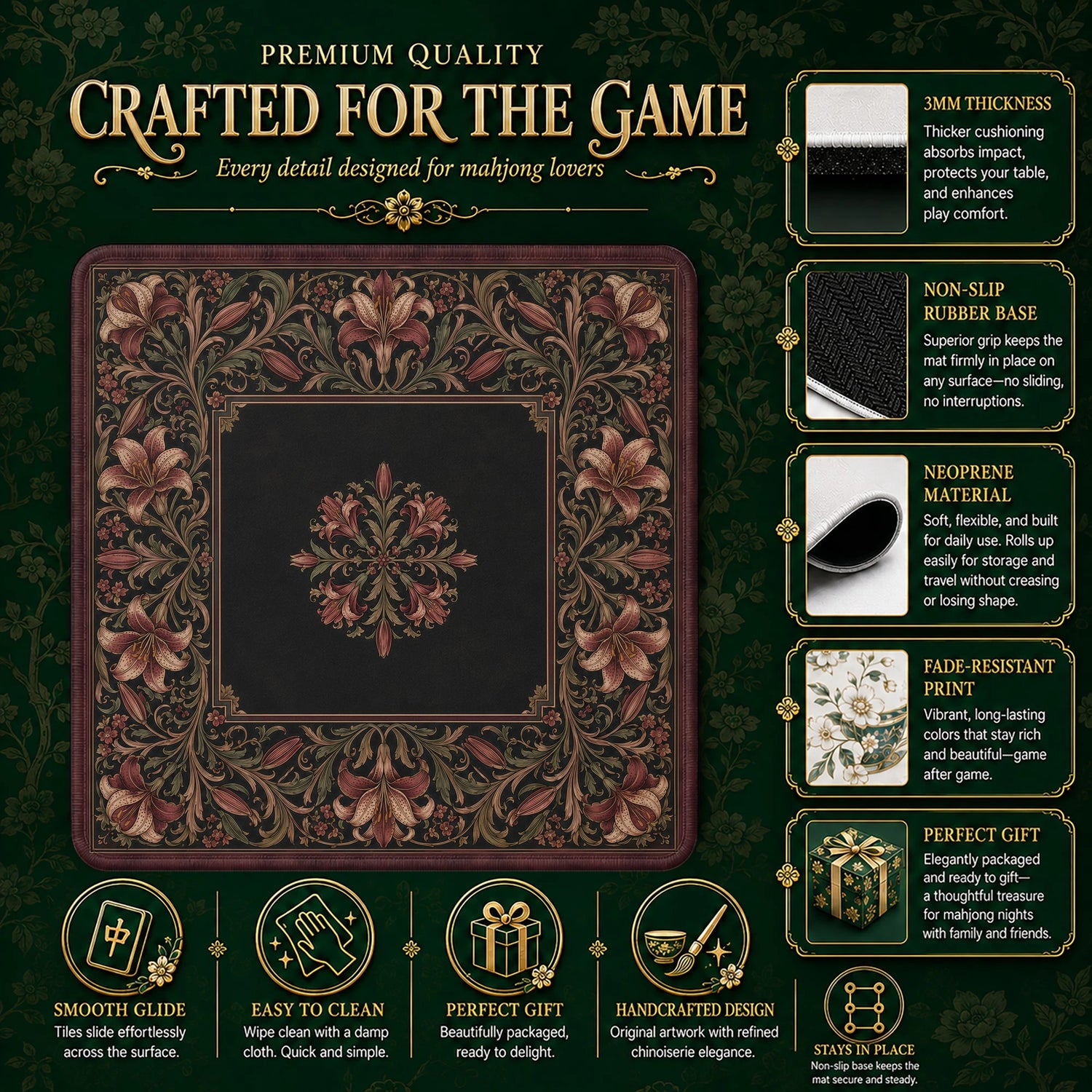 Burgundy Lily Noir Mahjong Mat - Mah Jongg Mat