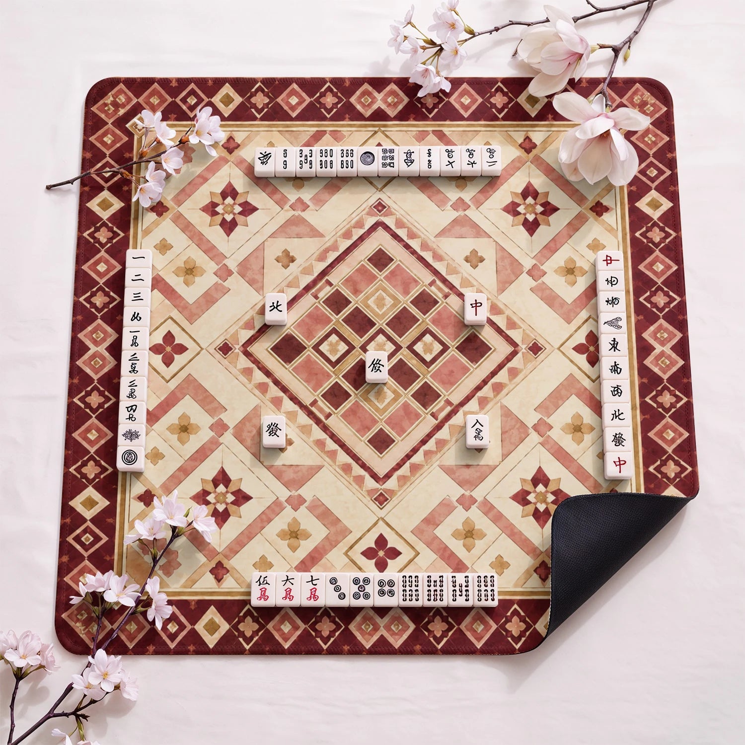 Burgundy Tile design close-up on mahjong mat surface