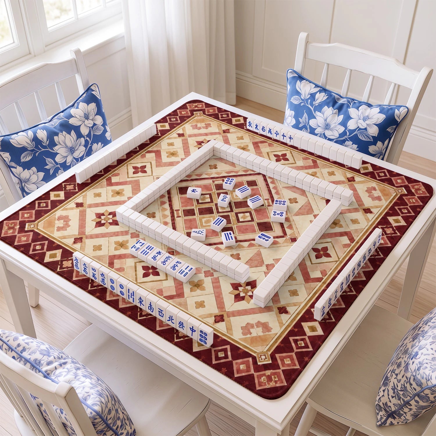 Burgundy Tile mahjong mat with tiles and racks on the table