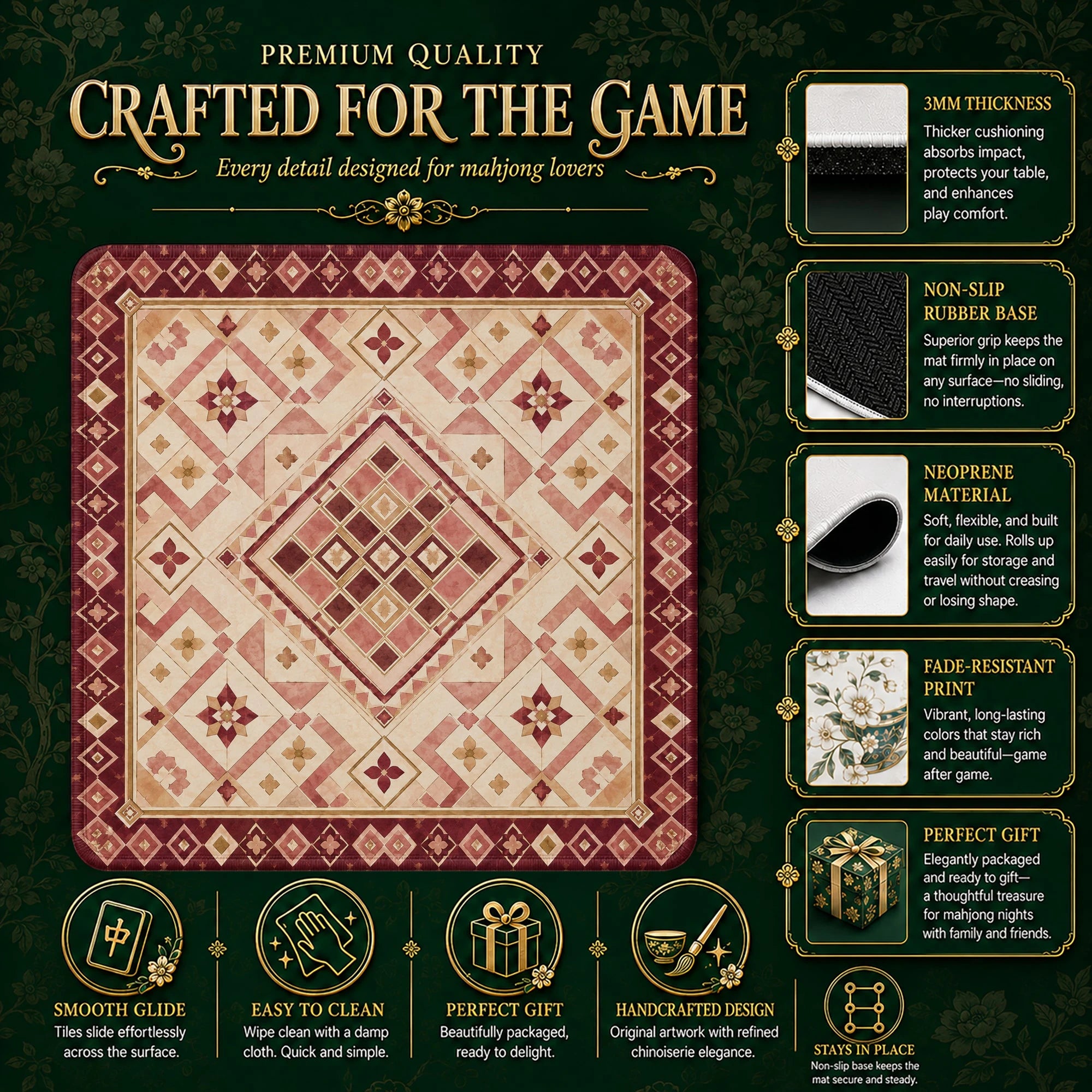Burgundy Tile Mahjong Mat – neoprene mah jongg table mat
