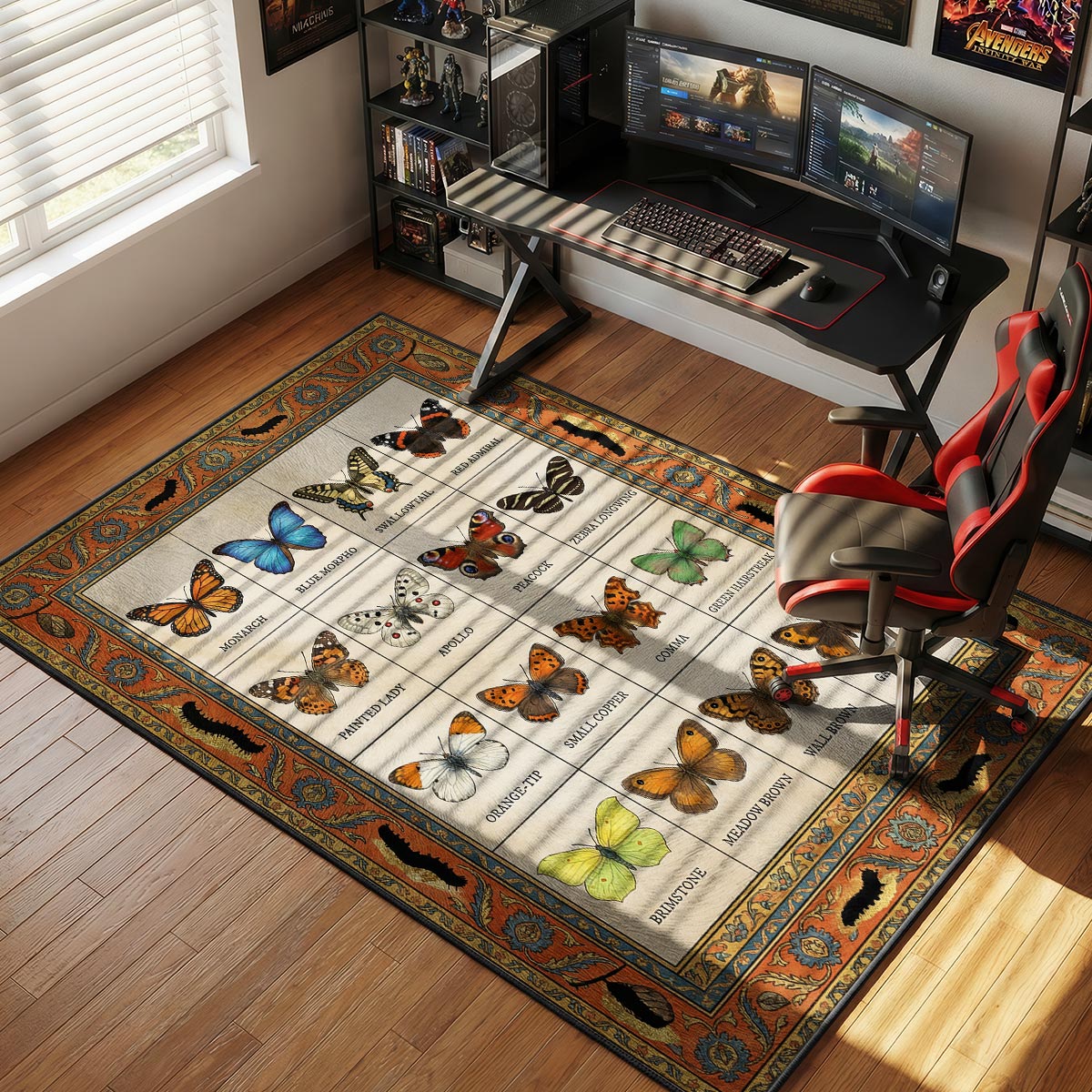 Butterfly collection kitchen rug on light tile floor beside a sunny window and potted herbs