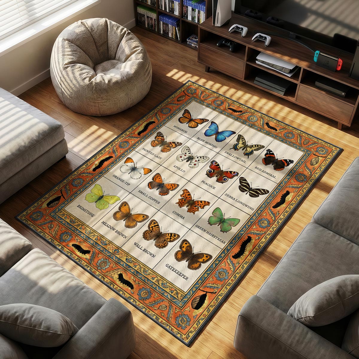 Close-up of butterfly floor mat showing detailed painted lady wing pattern and dye-sublimation print