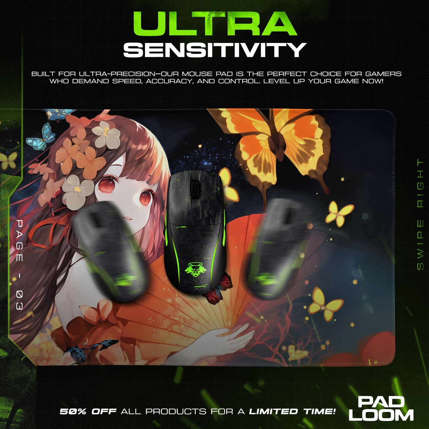 Butterfly Fan Girl Mouse Pad, Anime Gaming Desk Mat Padloom