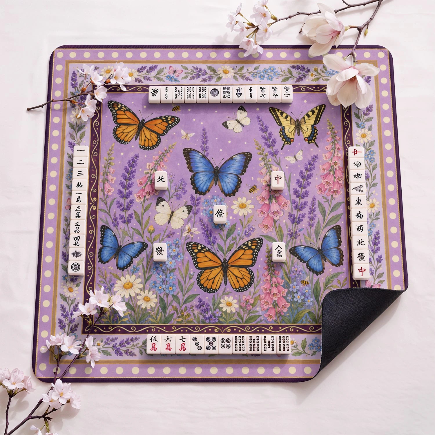 Butterfly design close-up on mahjong mat surface