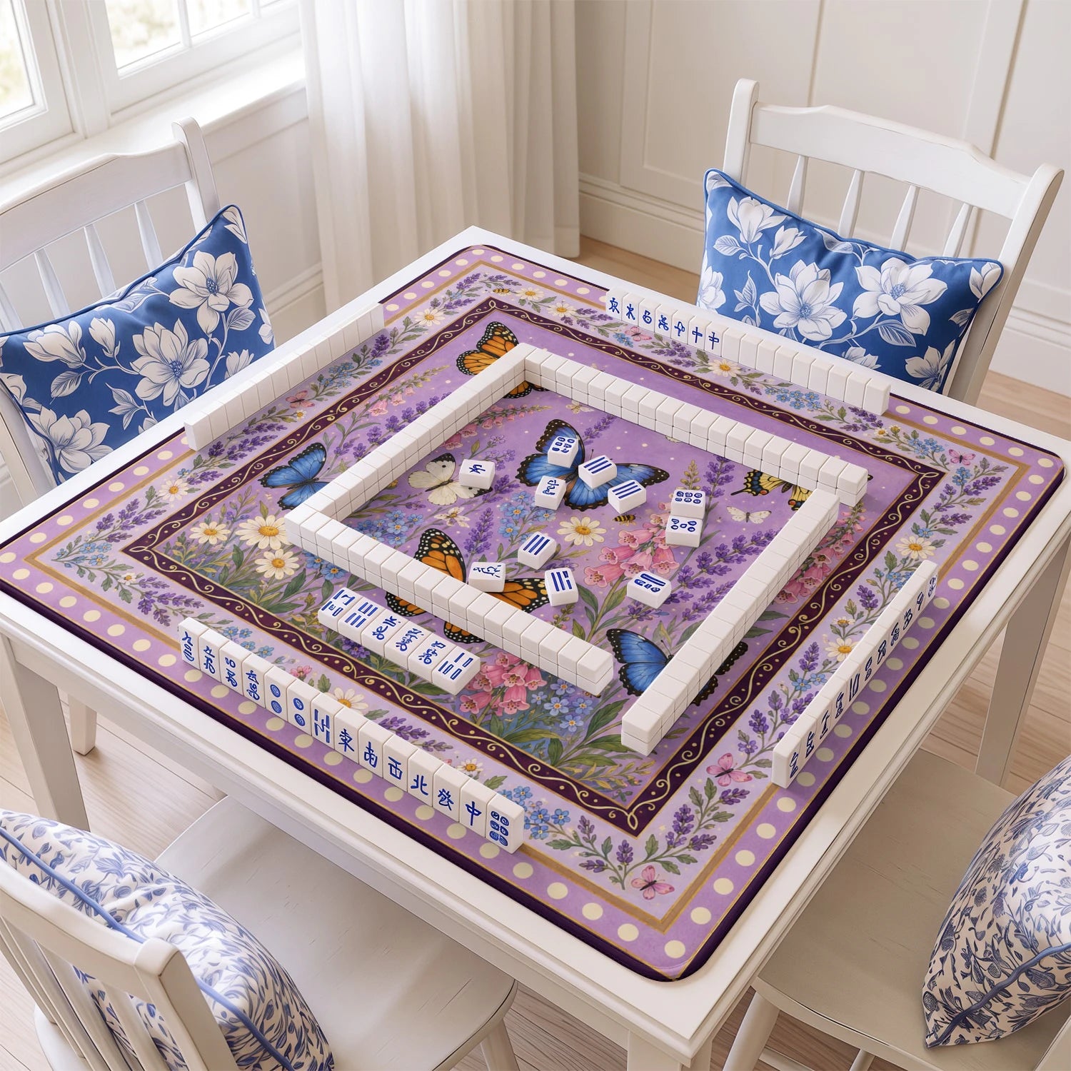 Butterfly mahjong mat with tiles and racks on the table