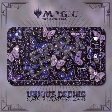 Butterfly Moon MTG playmat, purple and pink art with play zones, 24 x 14 in