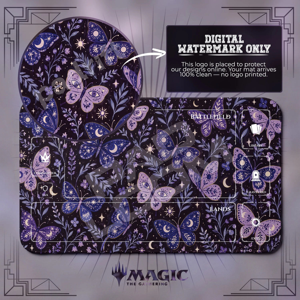 Butterfly Moon MTG playmat with zones; the Padloom watermark is digital only, not printed