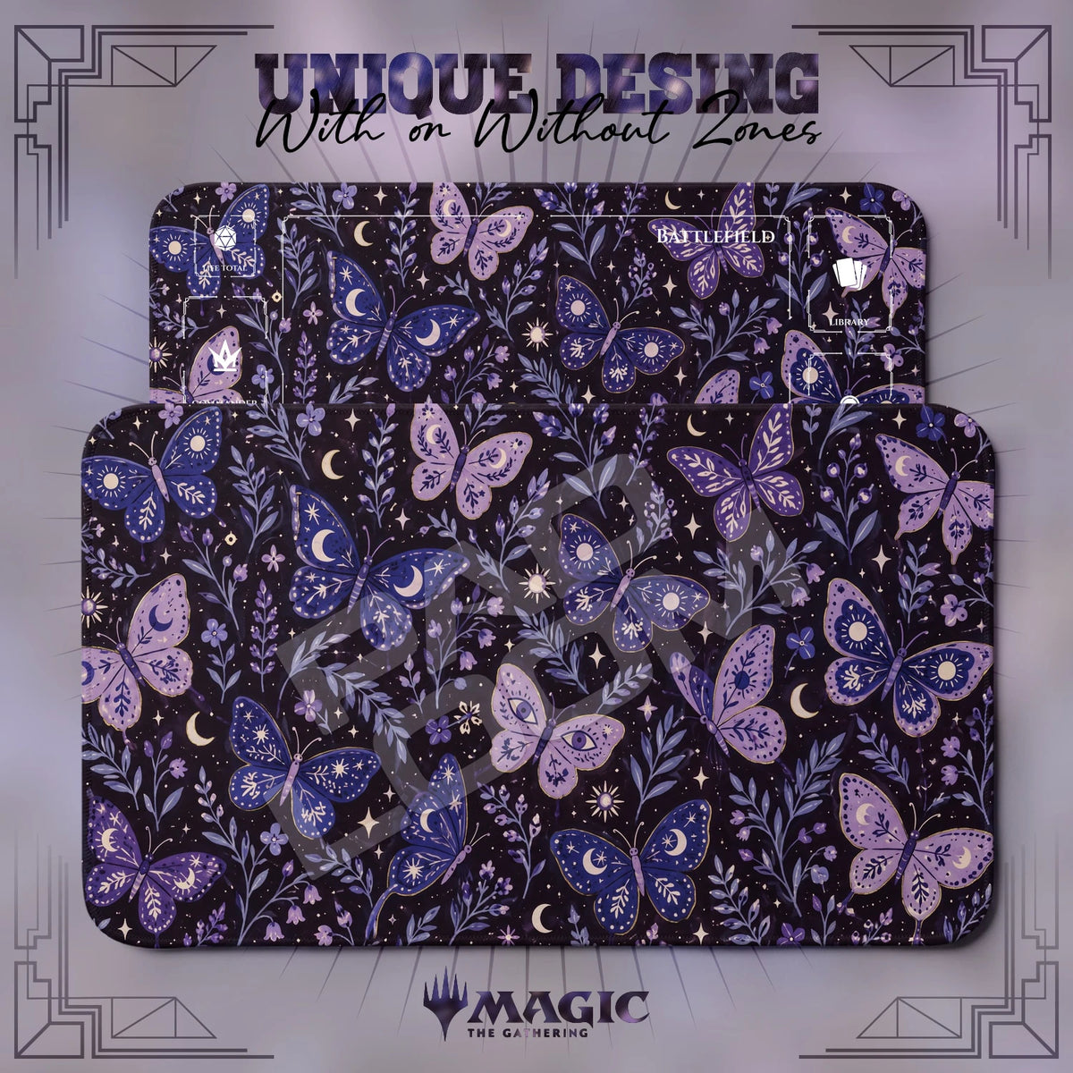Butterfly Moon MTG playmat shown with zones and without zones