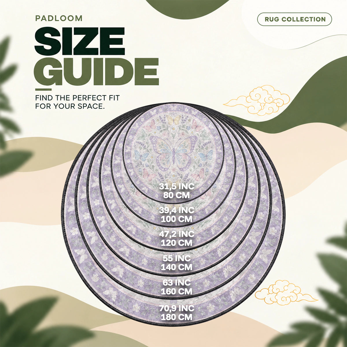 Butterfly Pastel round rug size guide, 80 to 180 cm (31.5 to 70.9 in)
