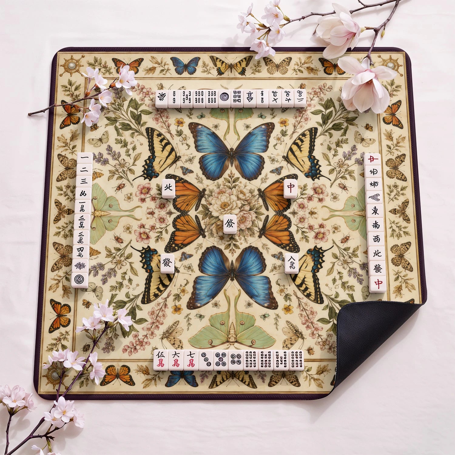 Butterfly Study design close-up on mahjong mat surface