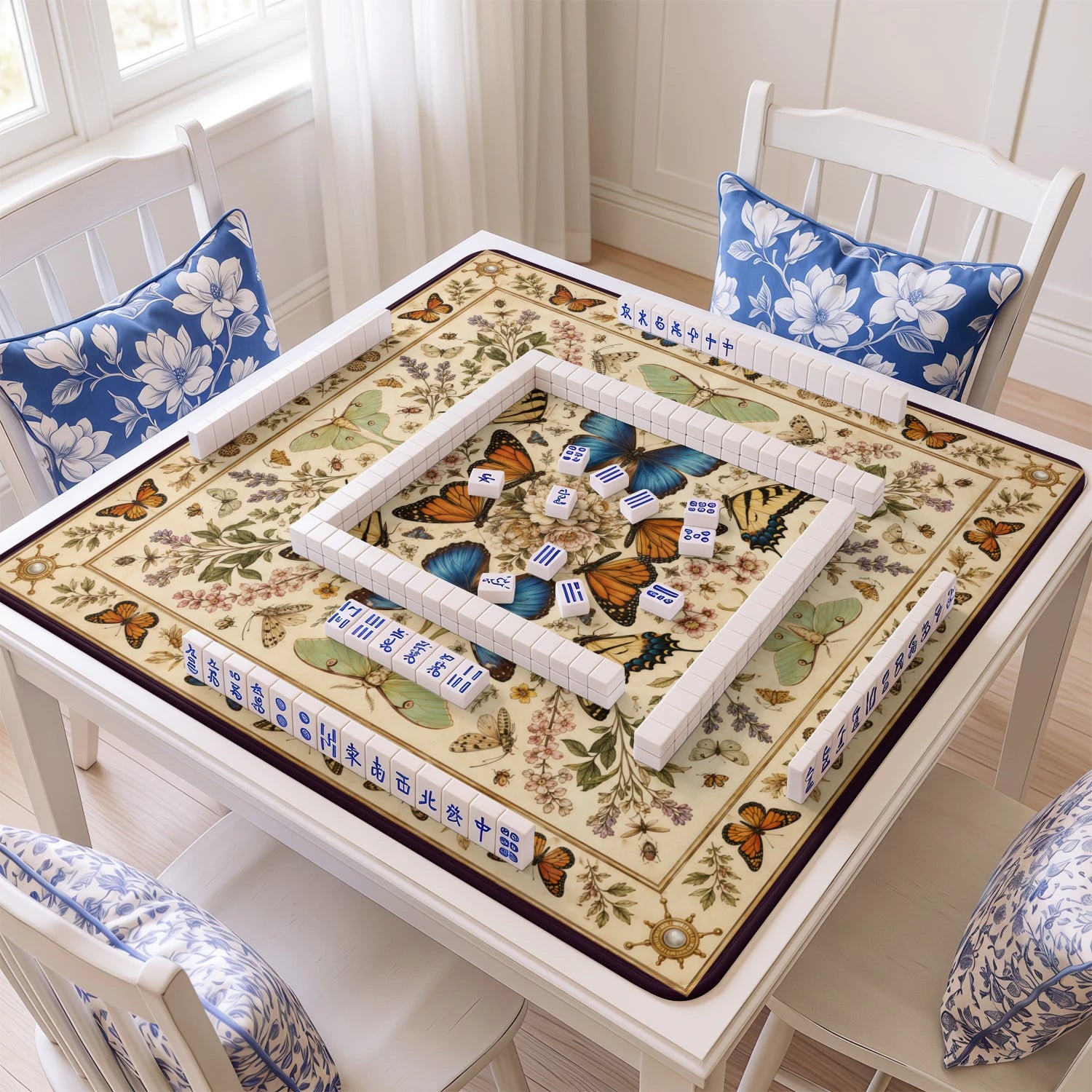 Butterfly Study mahjong mat with tiles and racks on the table