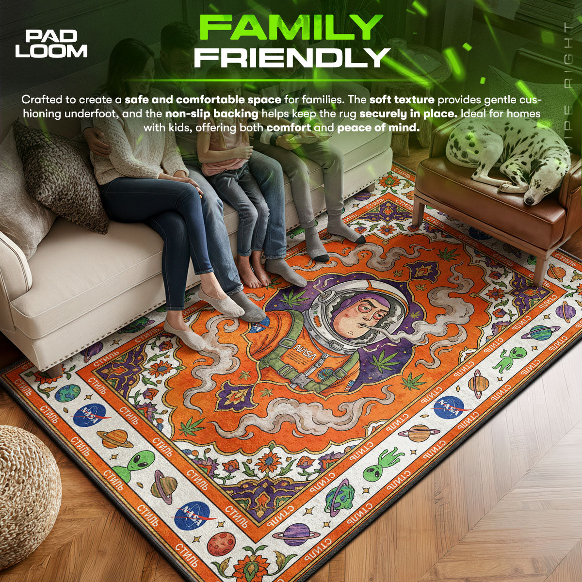 Buzz area rug showing full home decor artwork