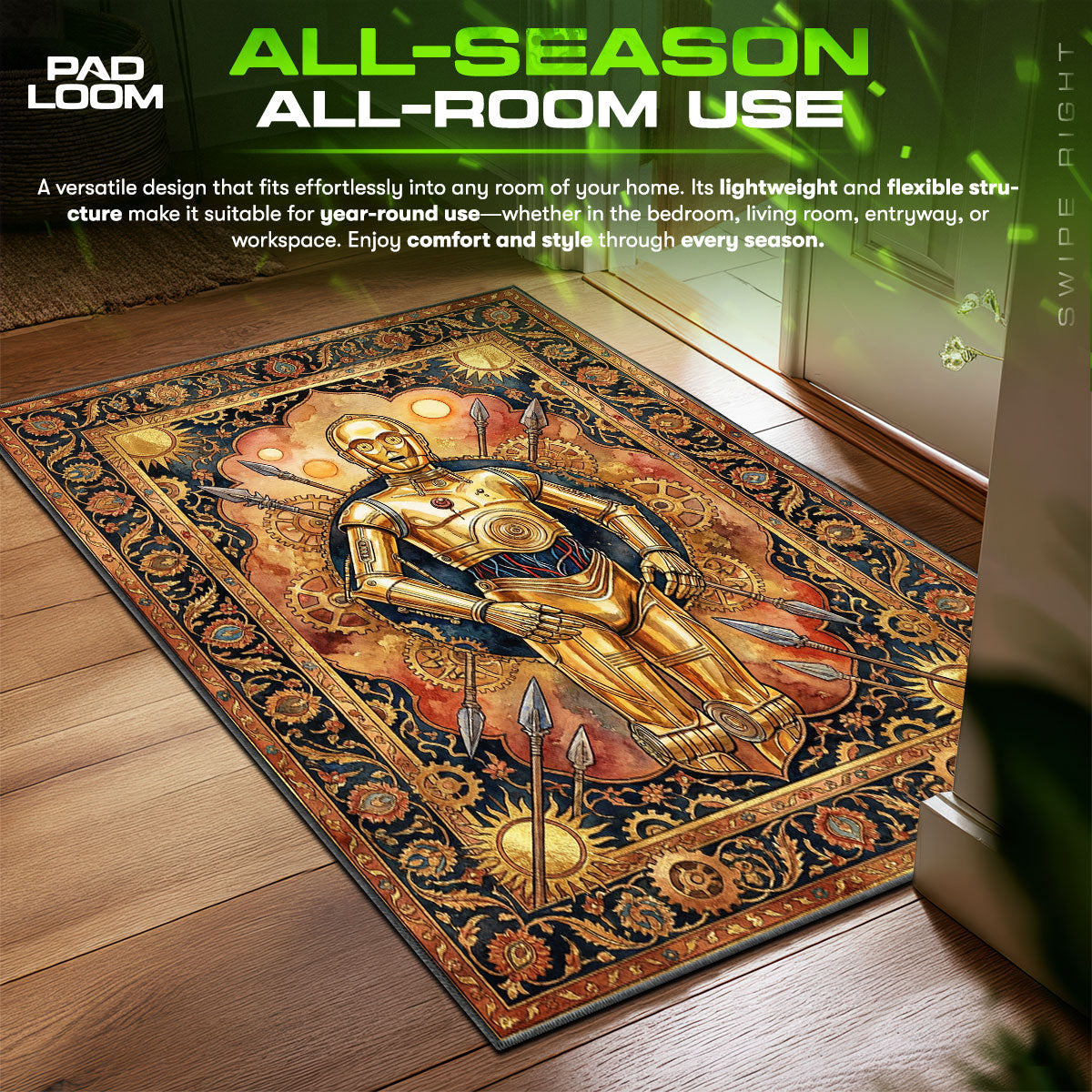 C 3PO Steampunk Gold Star Wars Room fan rug — premium quality print