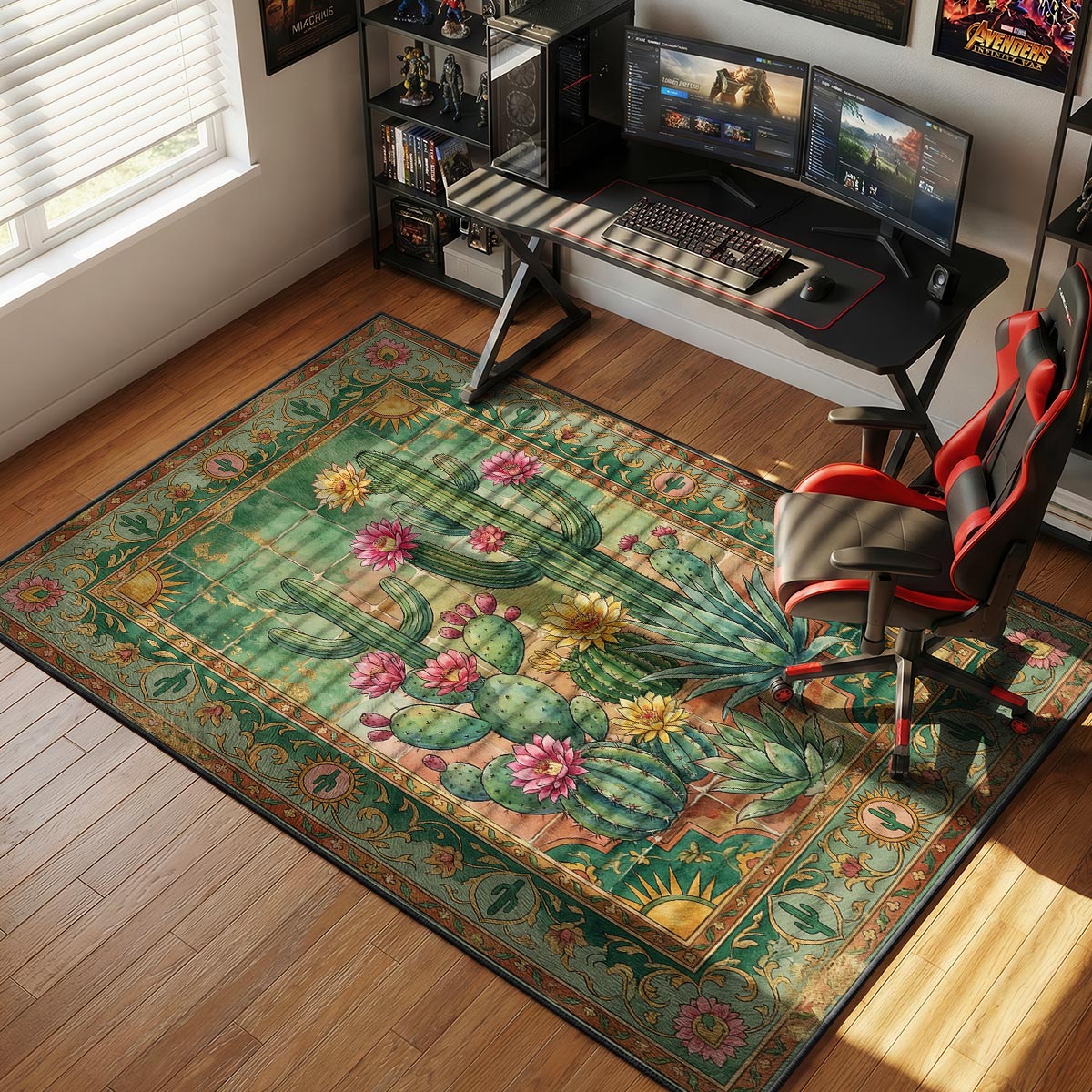 Cactus bloom rug placed in a bright sunroom with terracotta pots and white furniture