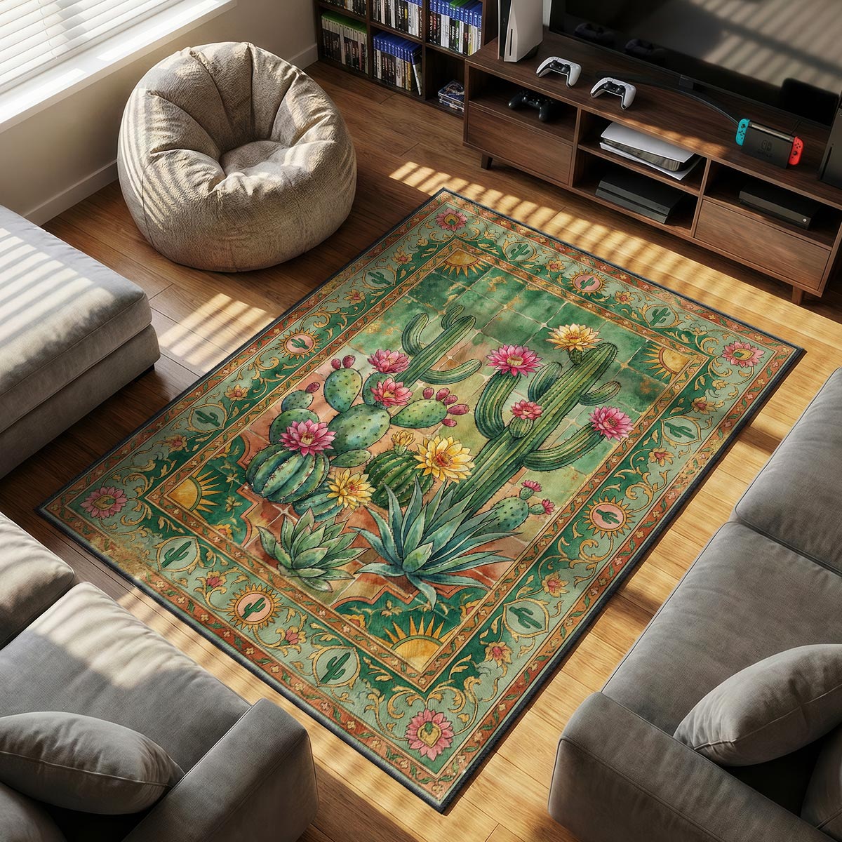 Detail of cactus bloom rug showing pink flower and jade tile texture on plush surface