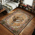 Brown swoosh shoe box rug with sand baroque medallion, cactus skull border, and pink neon line accents