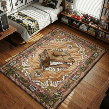 Brown swoosh shoe box rug with sand baroque medallion, cactus skull border, and pink neon line accents