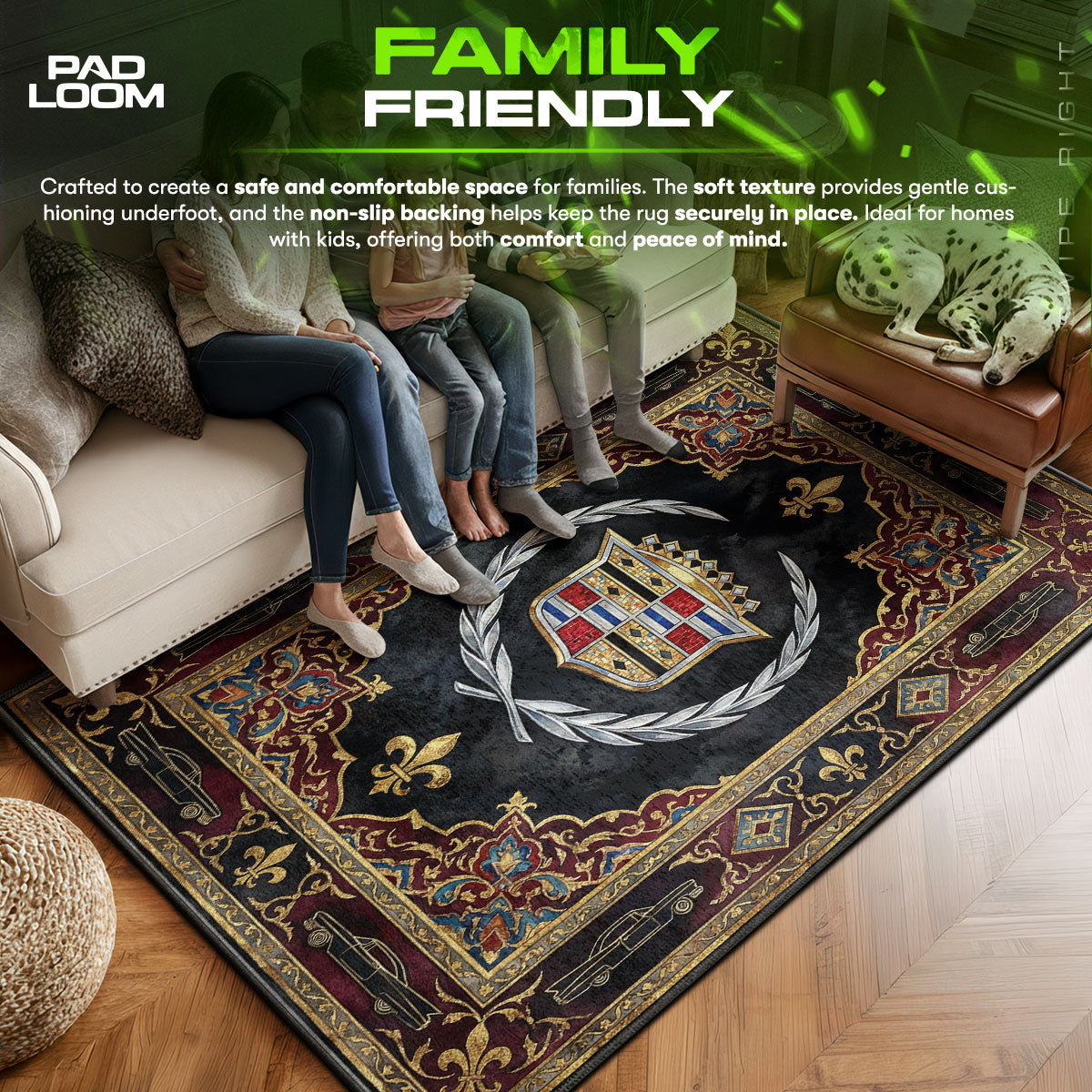 Cadillac area rug showing full Vintage artwork