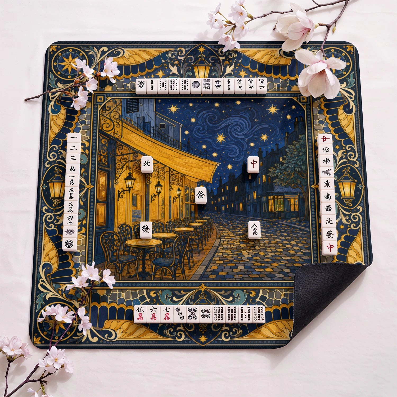 Cafe Terrace Night design close-up on mahjong mat surface
