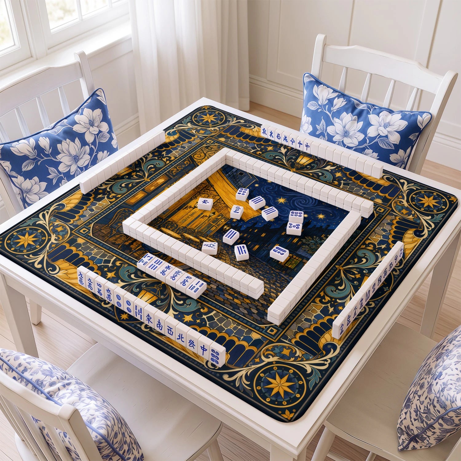 Cafe Terrace Night mahjong mat with tiles and racks on the table
