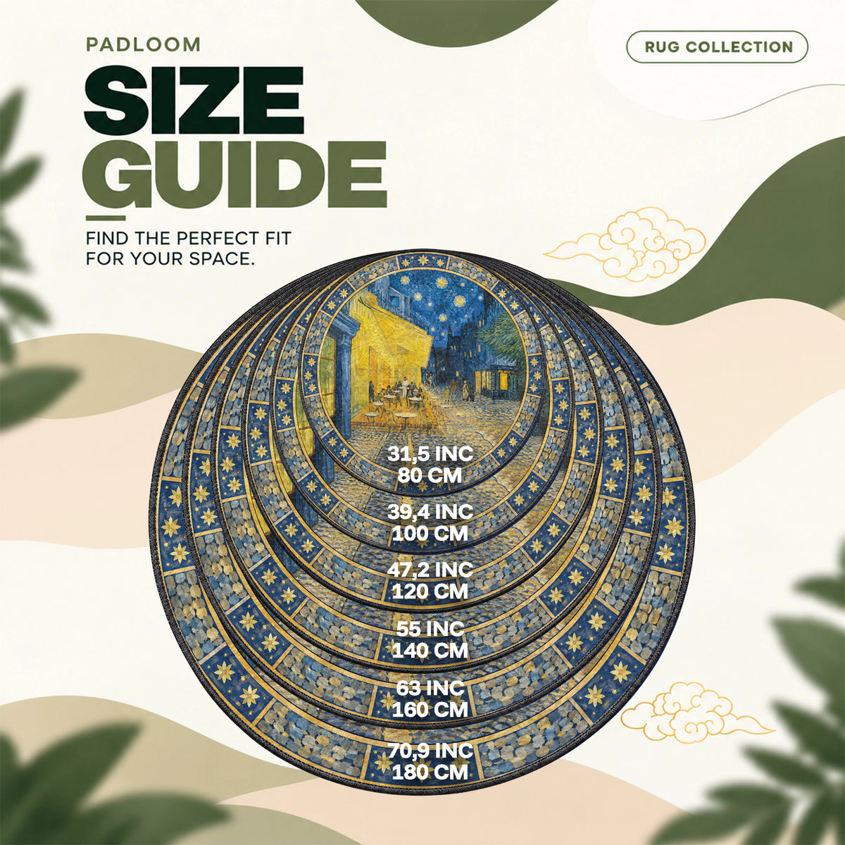 Cafe Terrace Starlit round rug size guide, 80 to 180 cm (31.5 to 70.9 in)