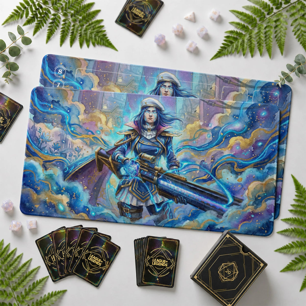 Caitlyn Arcane Riftbound TCG playmat with card zones and score track – LoL game mat