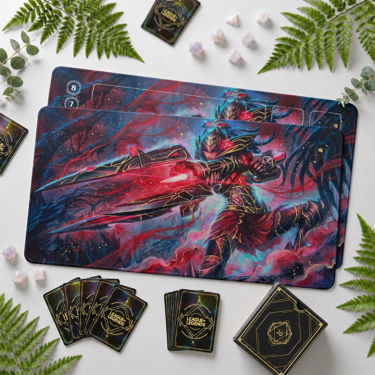 Caitlyn Crimson Riftbound TCG playmat with card zones and score track – LoL game mat