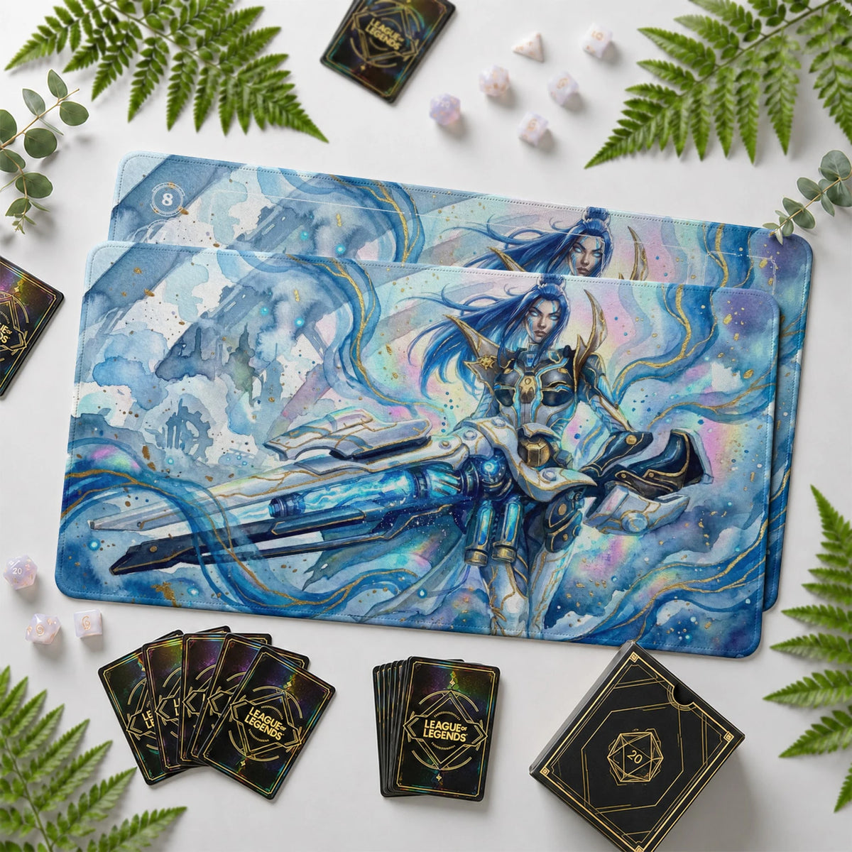 Caitlyn Frost Riftbound TCG playmat with card zones and score track – LoL game mat
