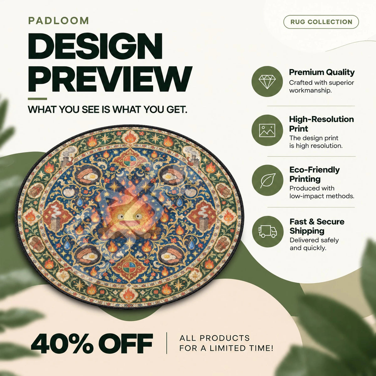 Calcifer Breakfast Studio Ghibli round rug full design preview