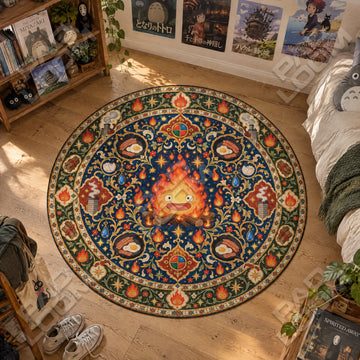 Calcifer Breakfast Studio Ghibli round rug on a bedroom floor - Studio Ghibli chair mat