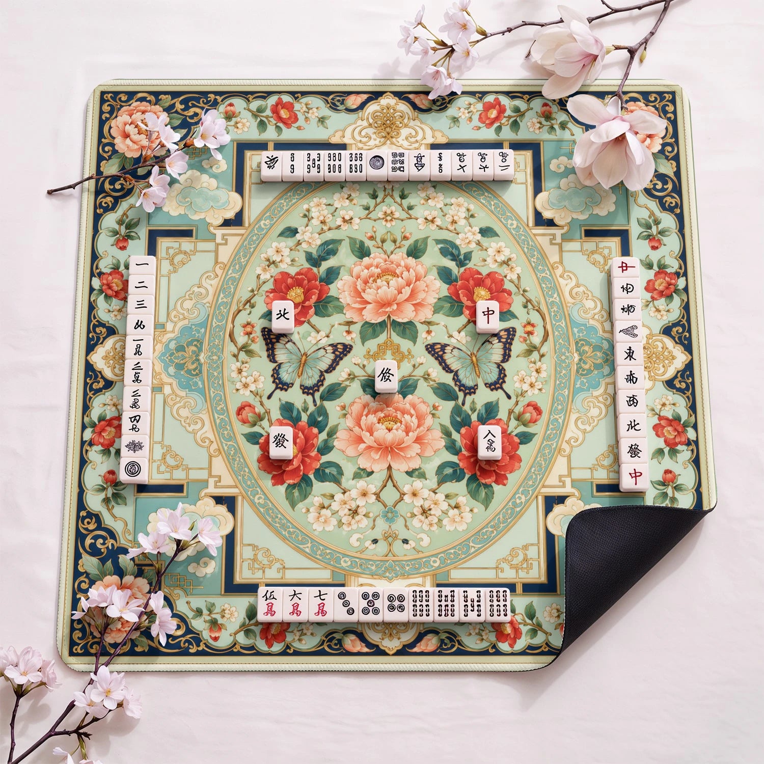 Camellia Butterfly design close-up on mahjong mat surface
