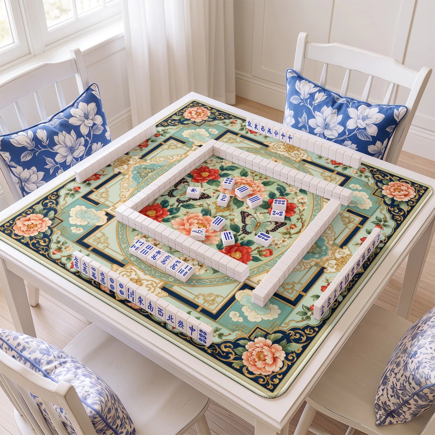 Camellia Butterfly mahjong mat with tiles and racks on the table