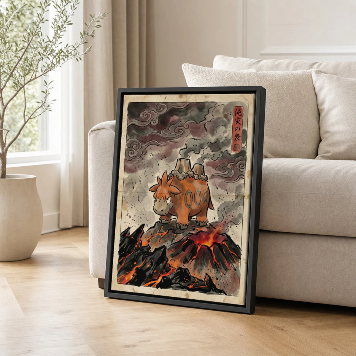 Camerupt Eruption Pokemon poster leaning beside a sofa - living room wall art