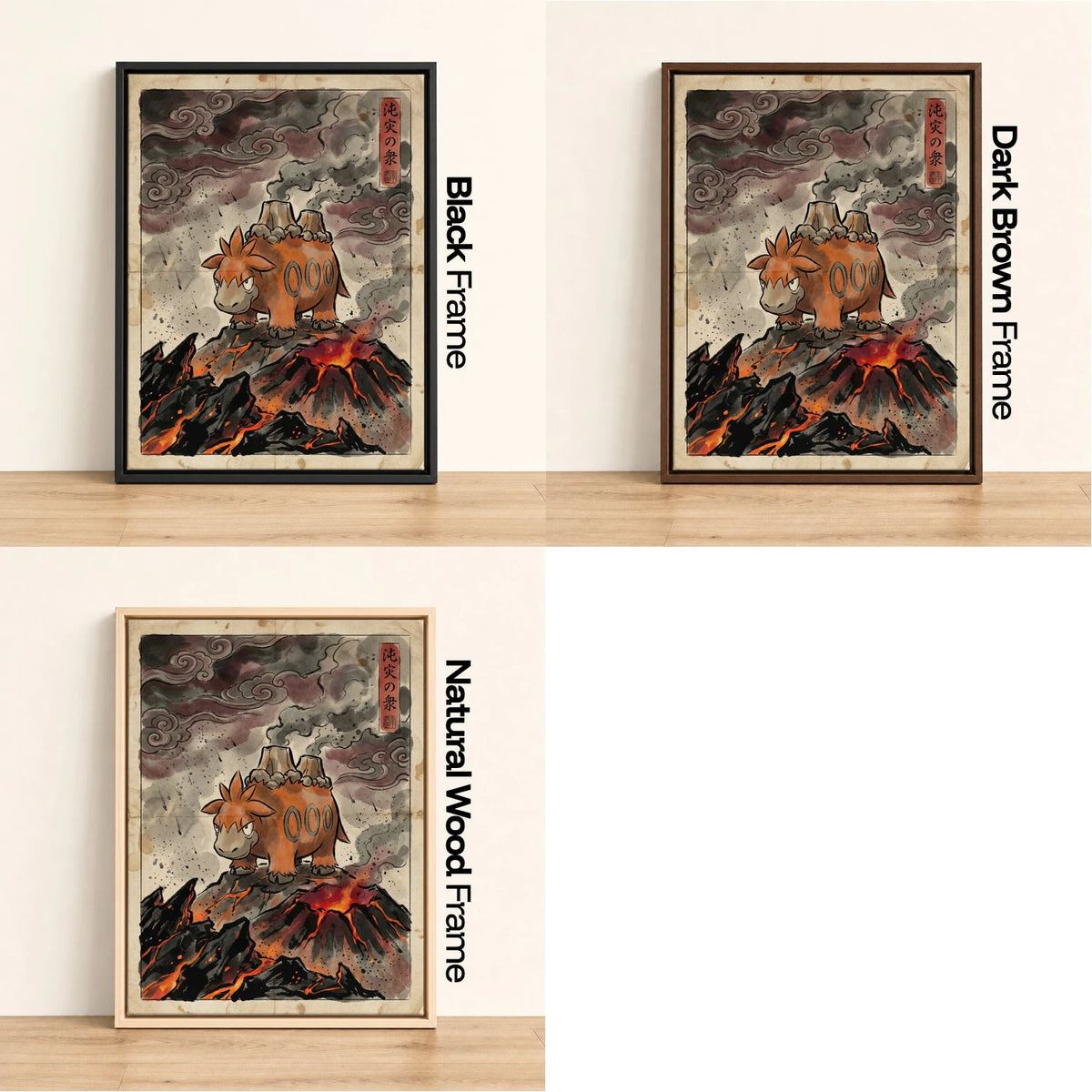 Camerupt Eruption Pokemon wall art - black, dark brown and natural wood frame options