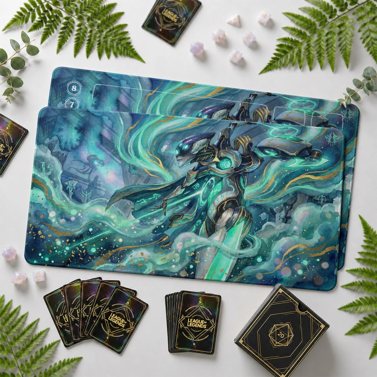 Camille Verdant Riftbound TCG playmat with card zones and score track – LoL game mat