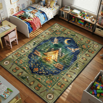 camping tent campfire forest night rug with mountains and moon outdoor adventure decor