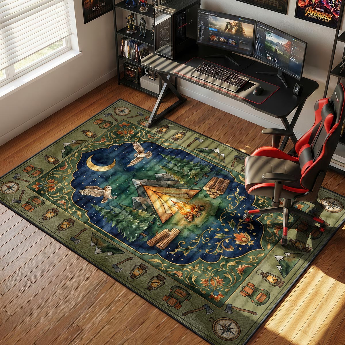 Camping Night Adventure Rug – Forest Campfire Outdoor Decor