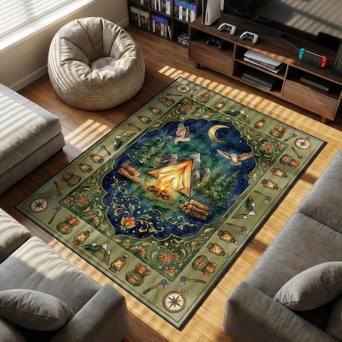 Camping Night Adventure Rug – Forest Campfire Outdoor Decor
