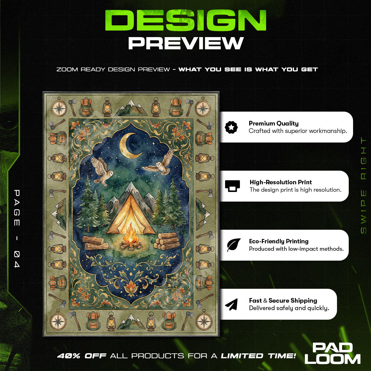 Camping Night Adventure Rug – Forest Campfire Outdoor Decor