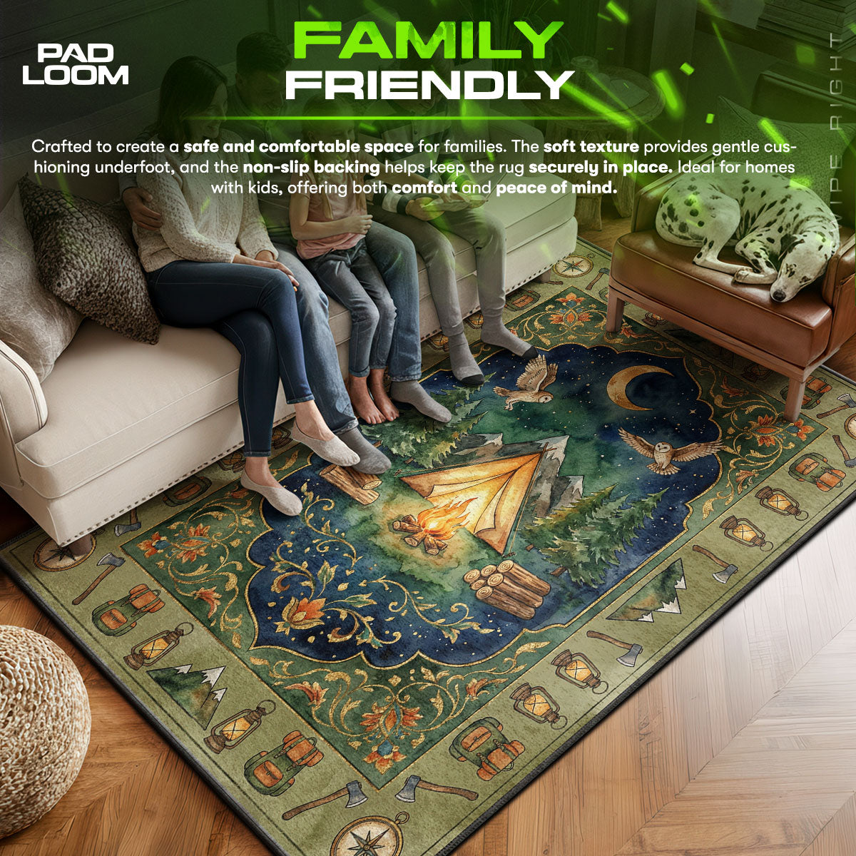 Camping Night Adventure Rug – Forest Campfire Outdoor Decor