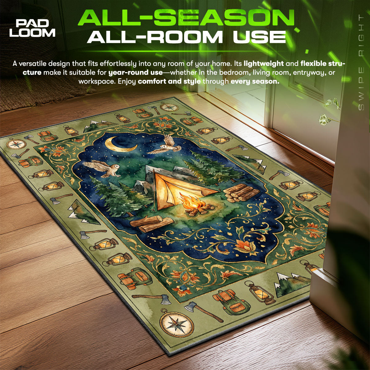 Camping Night Adventure Rug – Forest Campfire Outdoor Decor