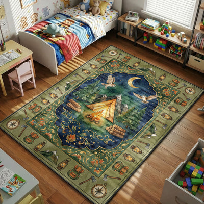 Camping Night Adventure Rug – Forest Campfire Outdoor Decor