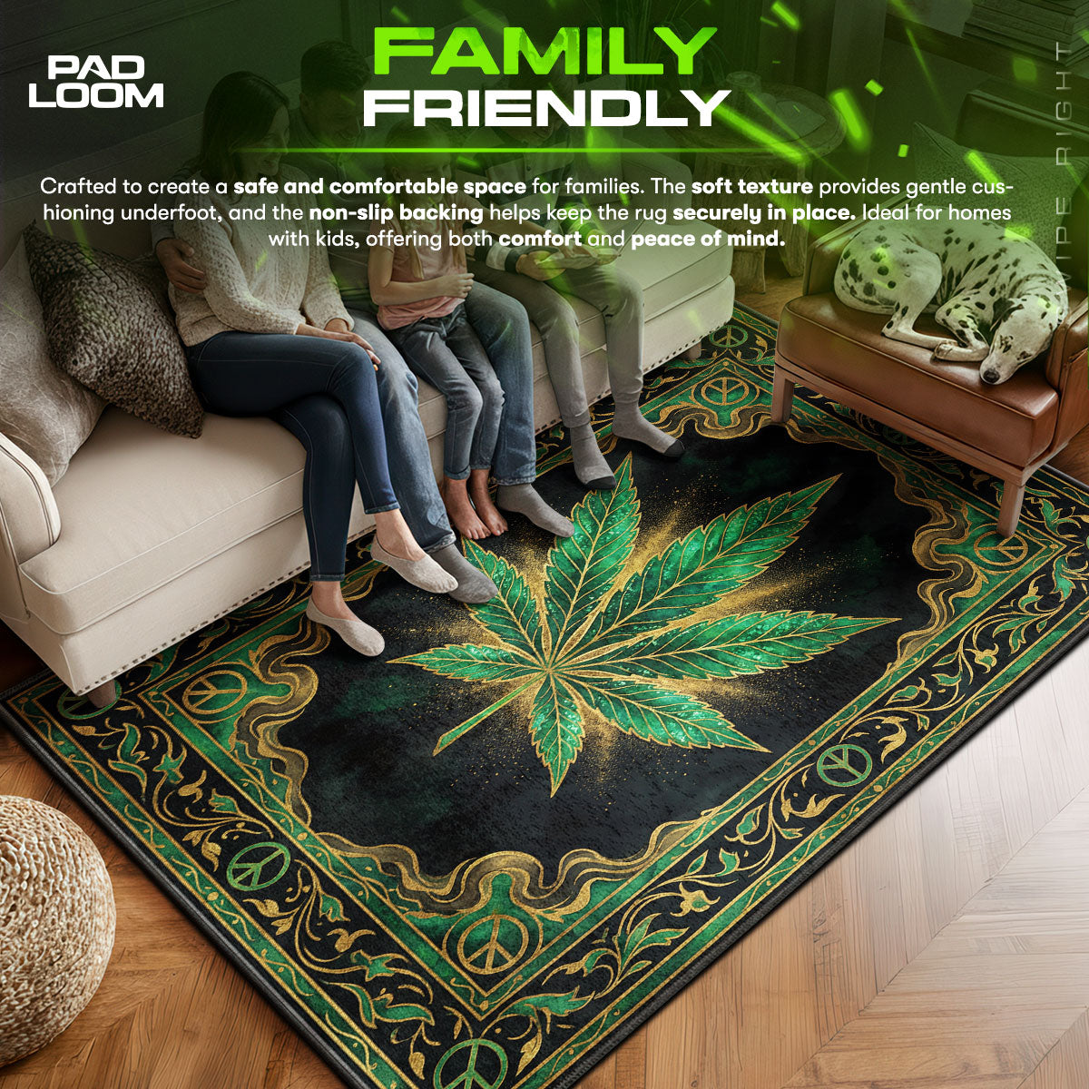 Cannabis area rug showing full home decor artwork