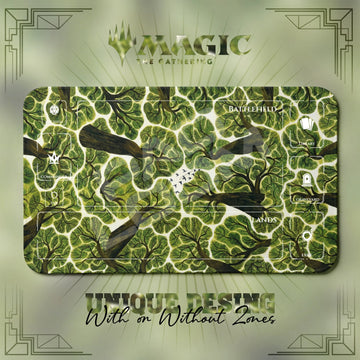 Canopy Birds MTG playmat, green and yellow art with play zones, 24 x 14 in