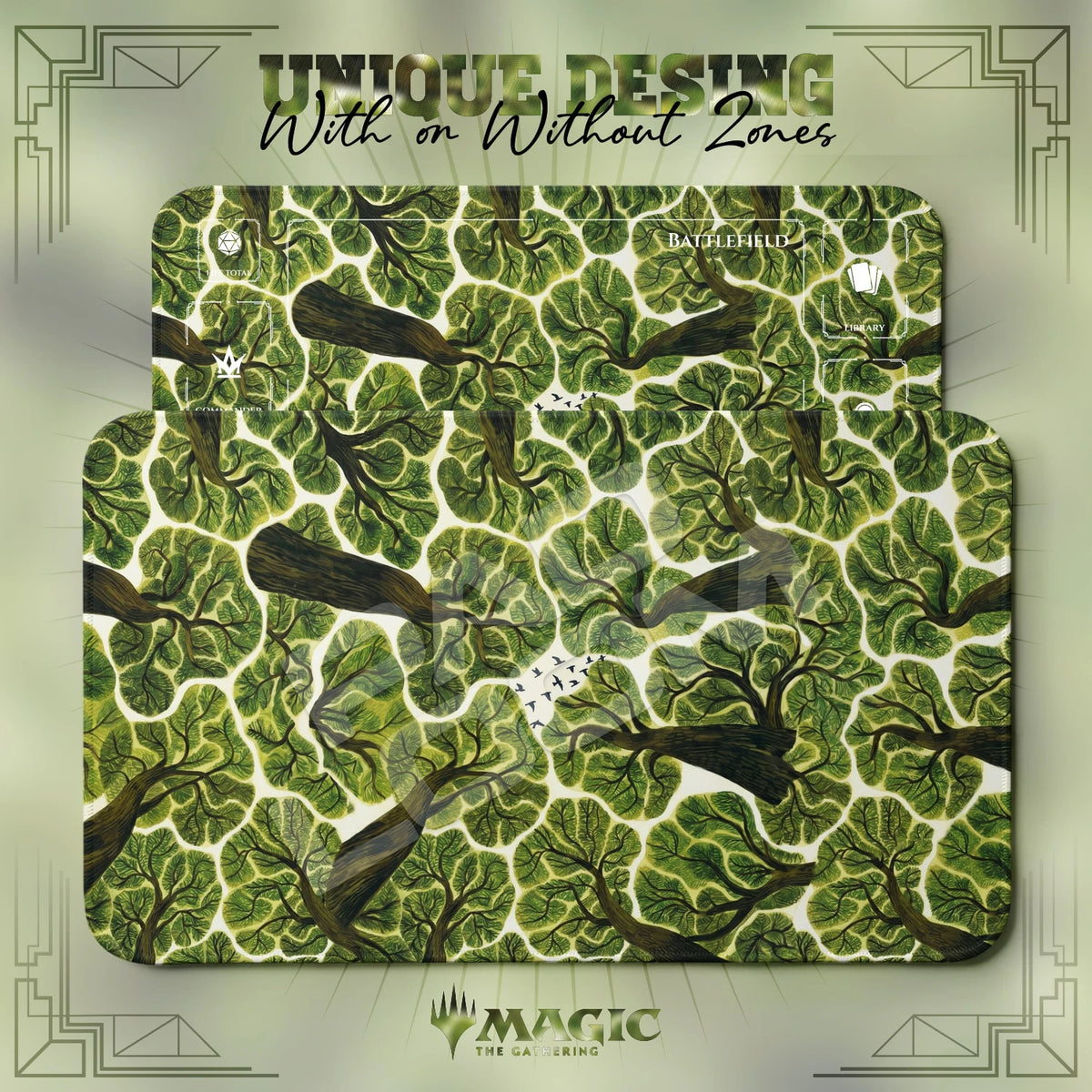 Canopy Birds MTG playmat shown with zones and without zones