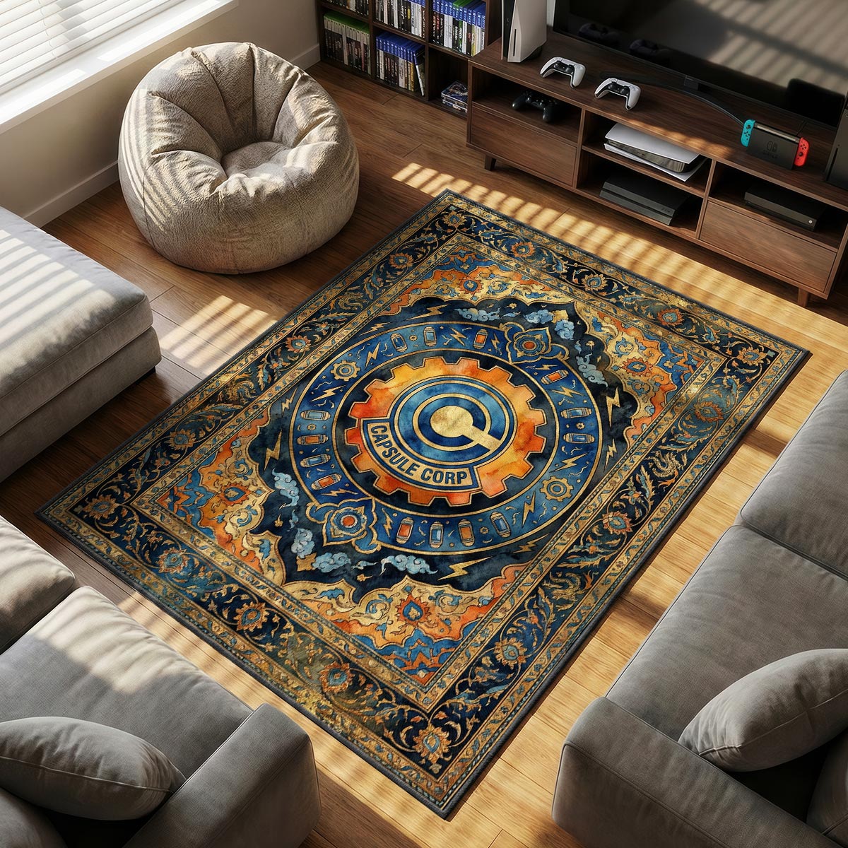 Capsule Corp themed area rug for home decor fans