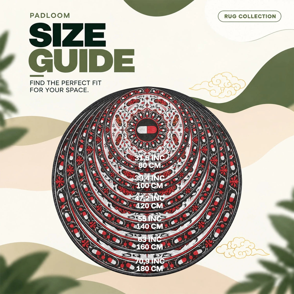 Capsule Mandala round rug size guide, 80 to 180 cm (31.5 to 70.9 in)