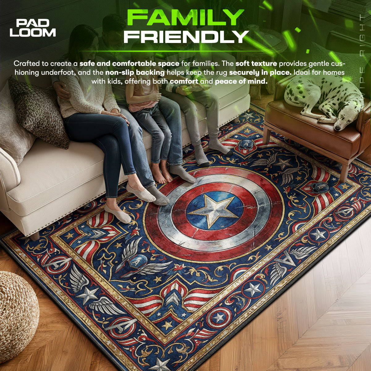Captain area rug showing full Vintage artwork
